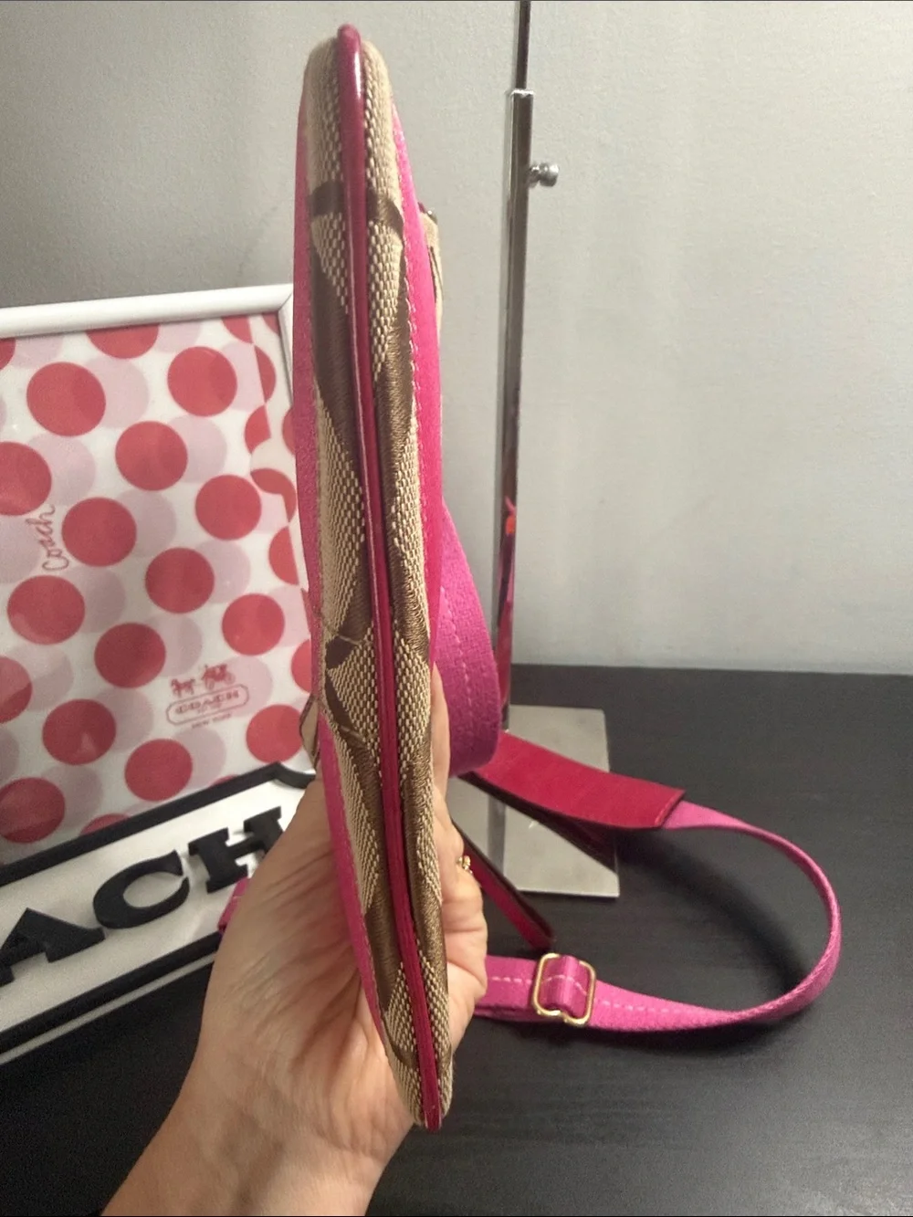 Coach Vintage Signature Stripe Canvas Crossbody with Pink Leather Trim